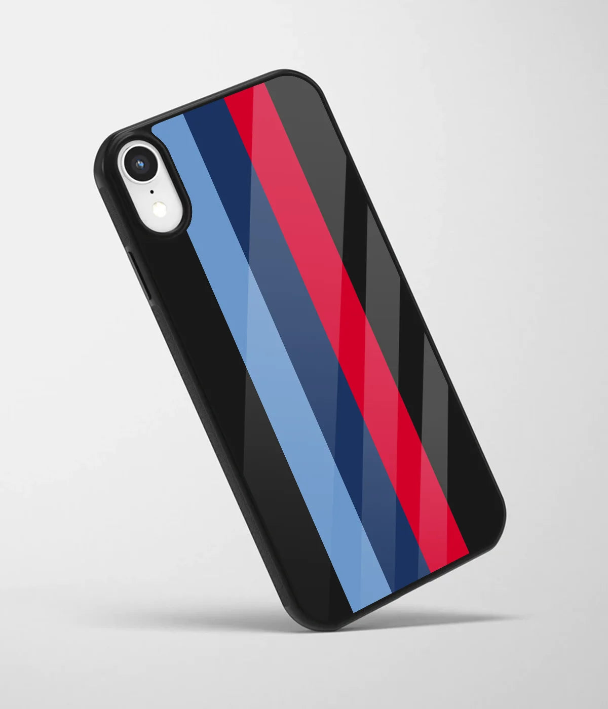 An angled view of a glass phone case featuring a vibrant design.