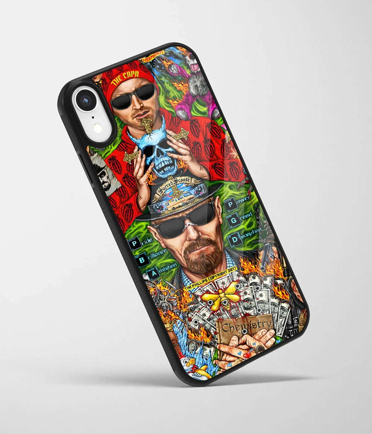 An angled view of a glass phone case featuring a vibrant design.