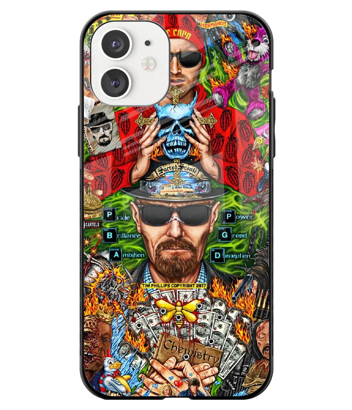 A front-on view of a glass phone case with a colorful design.