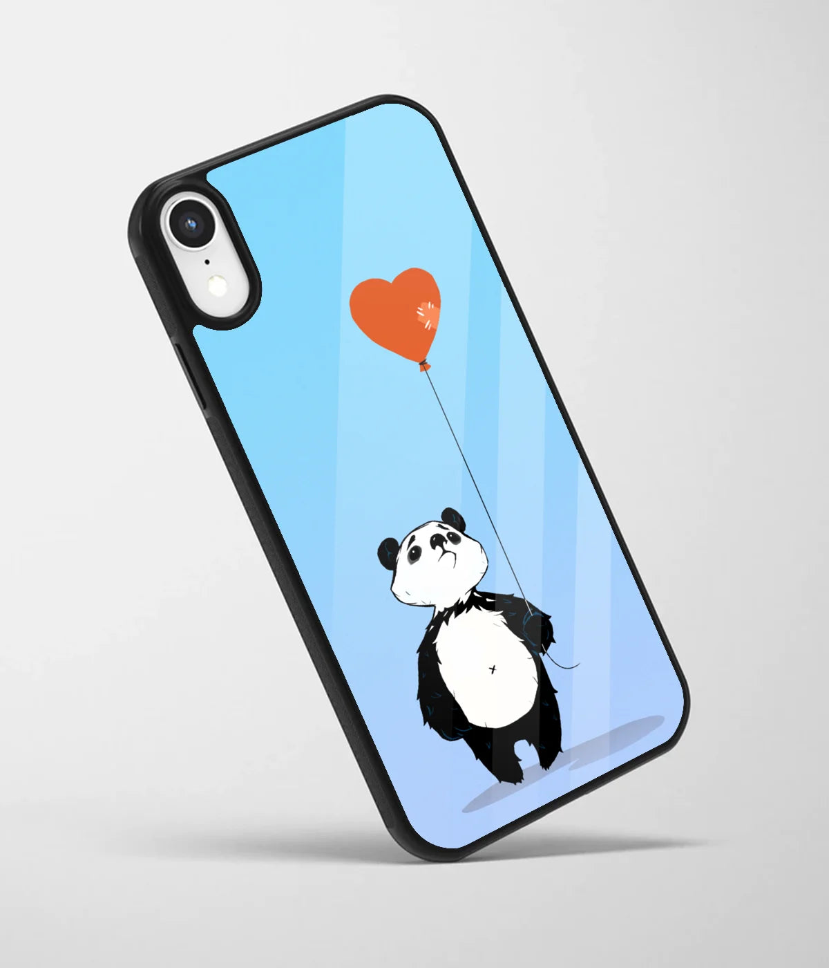 An angled view of a glass phone case featuring a vibrant design.