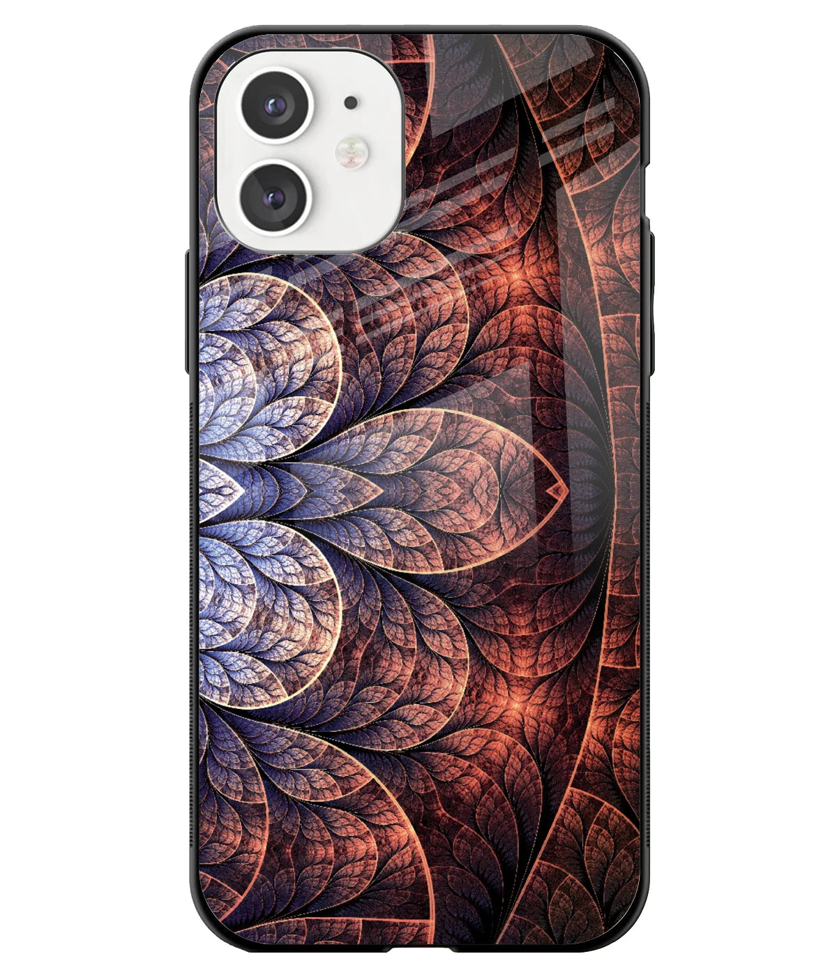 A front-on view of a glass phone case with a colorful design.