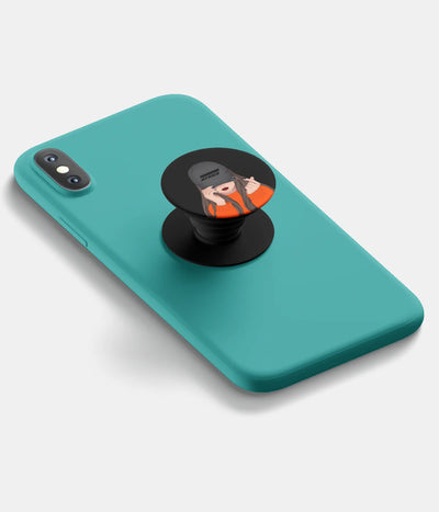 A top-down view of a phone grip holder attached to a mobile phone case on a white background