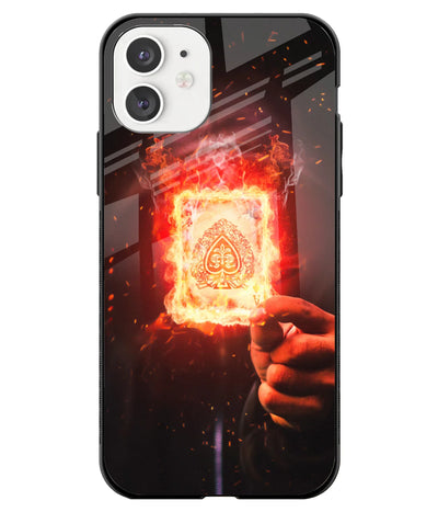 A front-on view of a glass phone case with a colorful design.