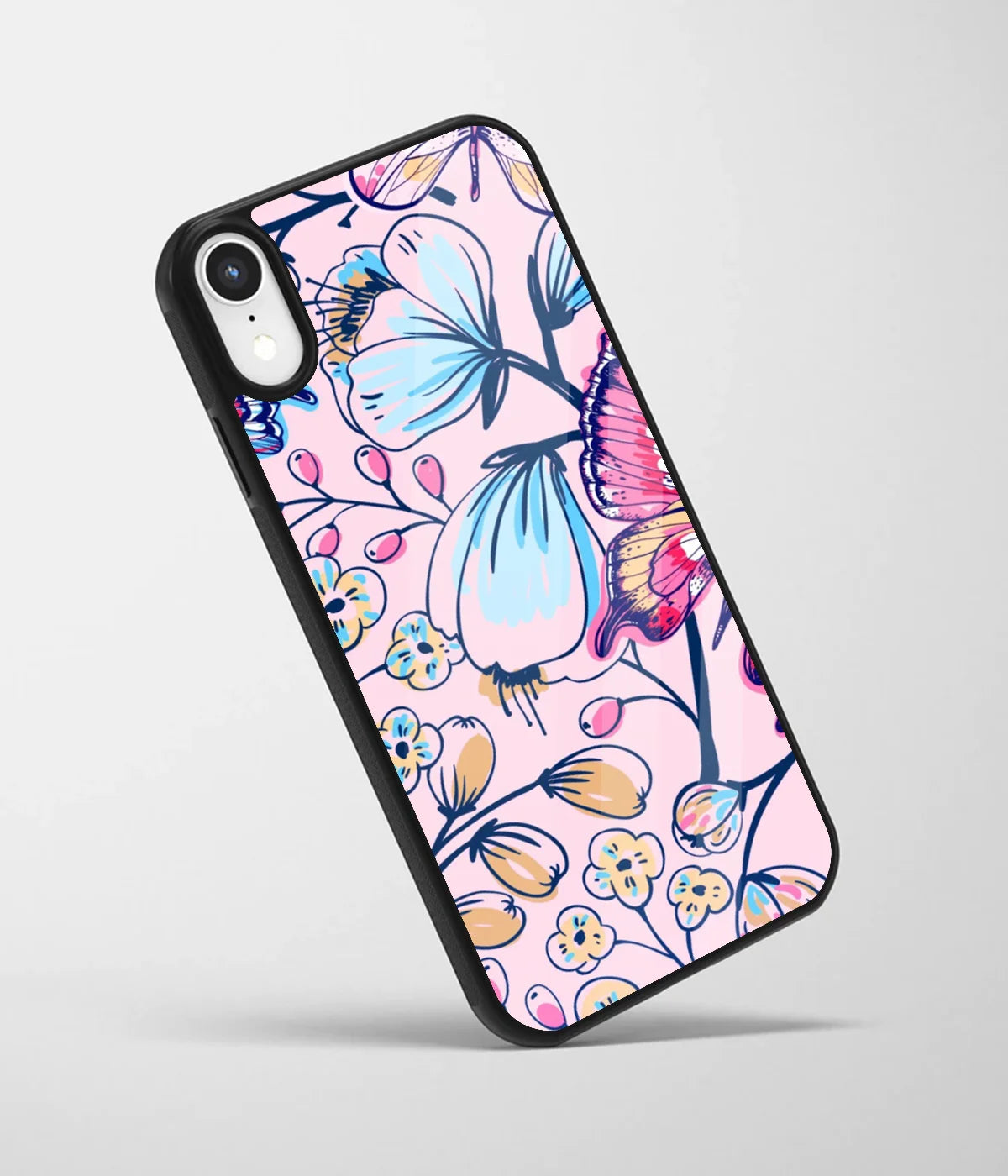 An angled view of a glass phone case featuring a vibrant design.