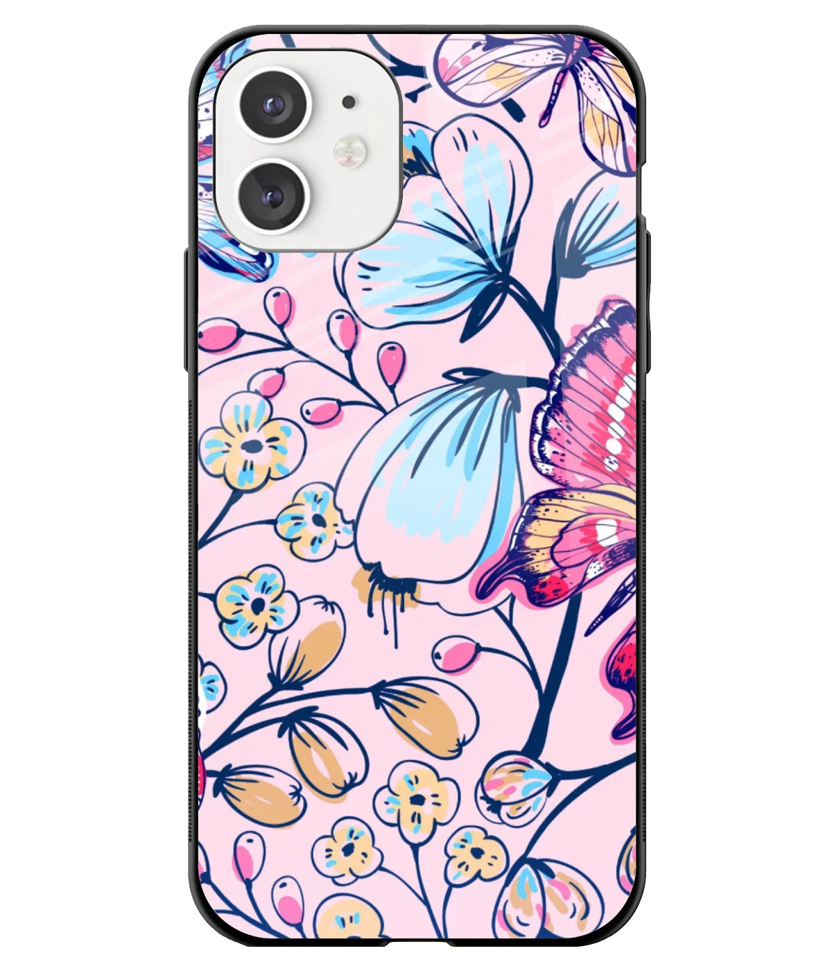 A front-on view of a glass phone case with a colorful design.