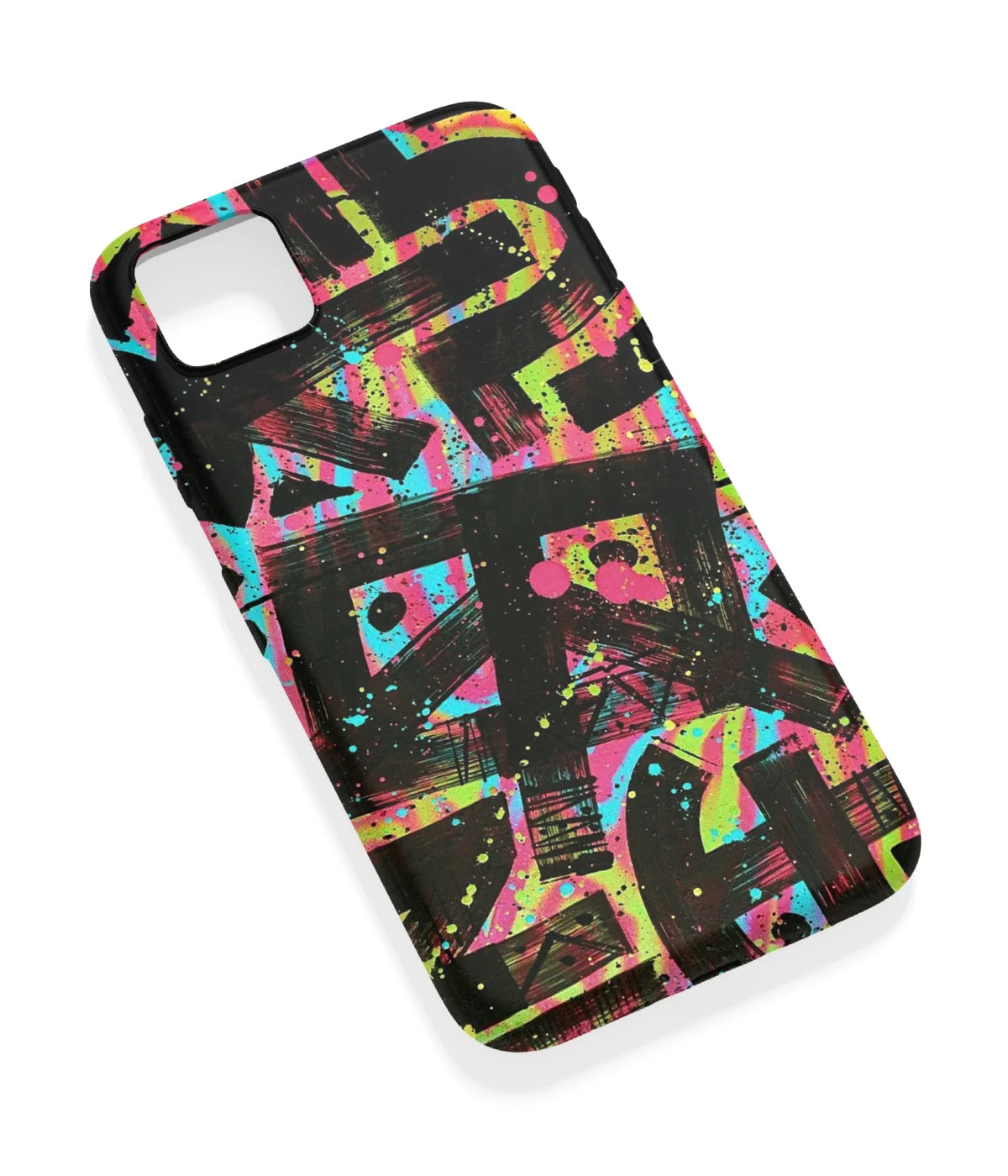 An angled view of a soft silicone case featuring a vibrant design.