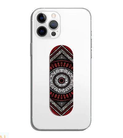A phone grip slider applied to the back of a smartphone.