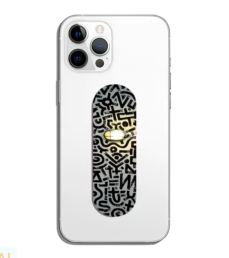 A phone grip slider applied to the back of a smartphone.
