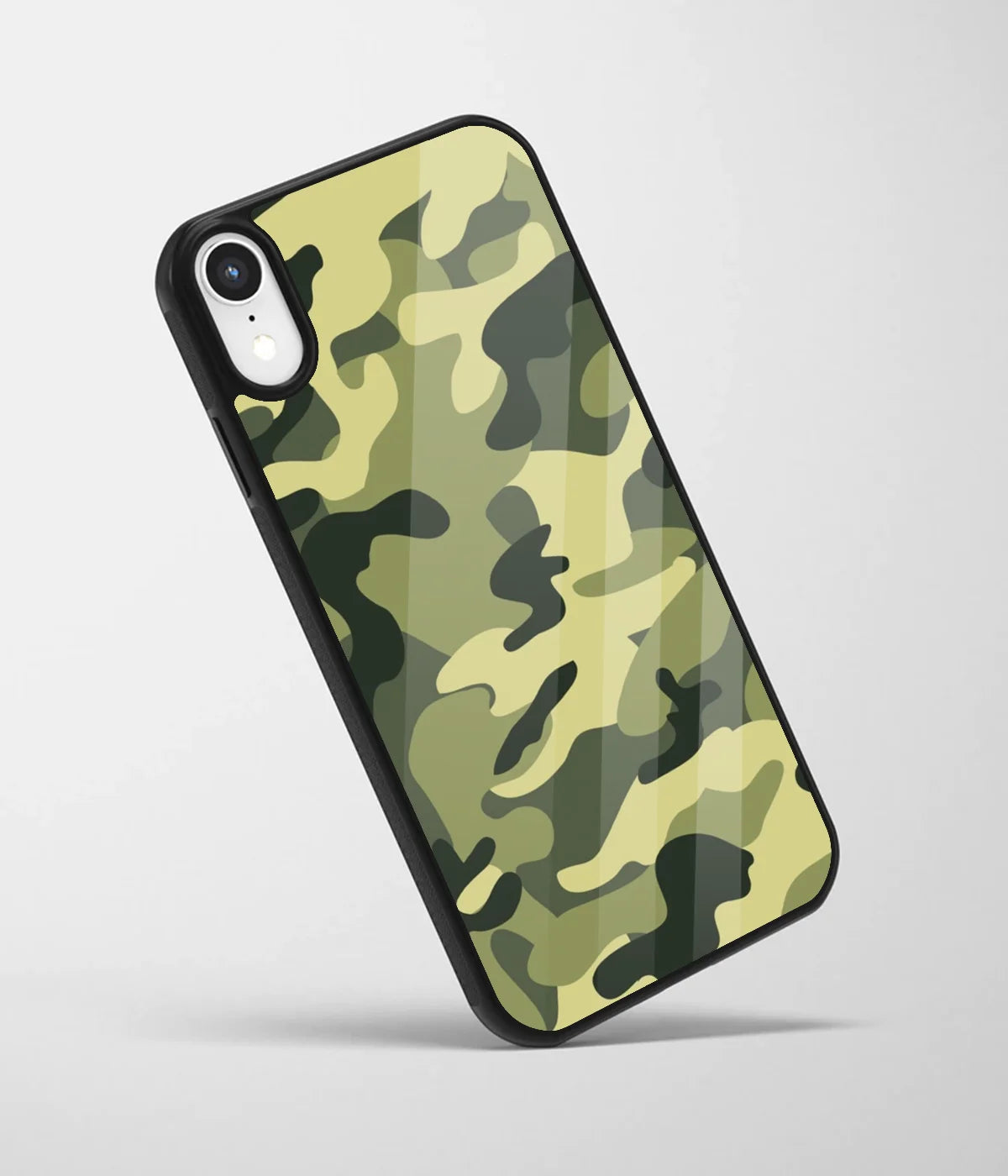 An angled view of a glass phone case featuring a vibrant design.