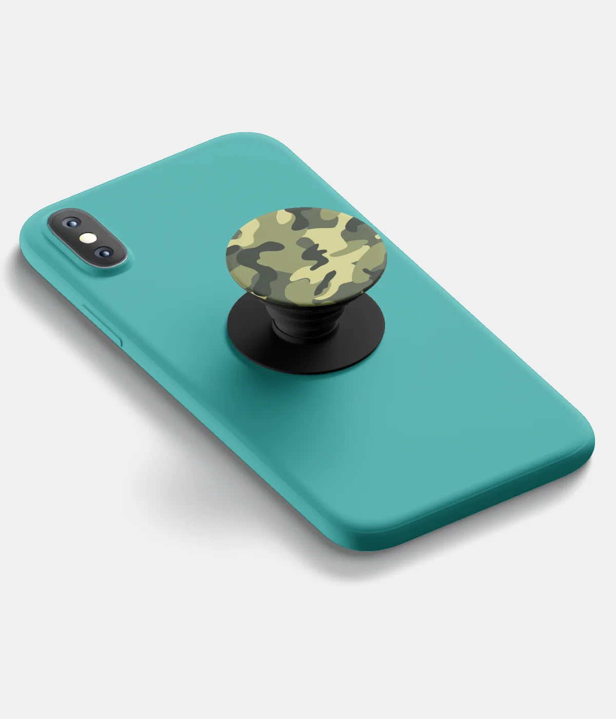 A top-down view of a phone grip holder attached to a mobile phone case on a white background