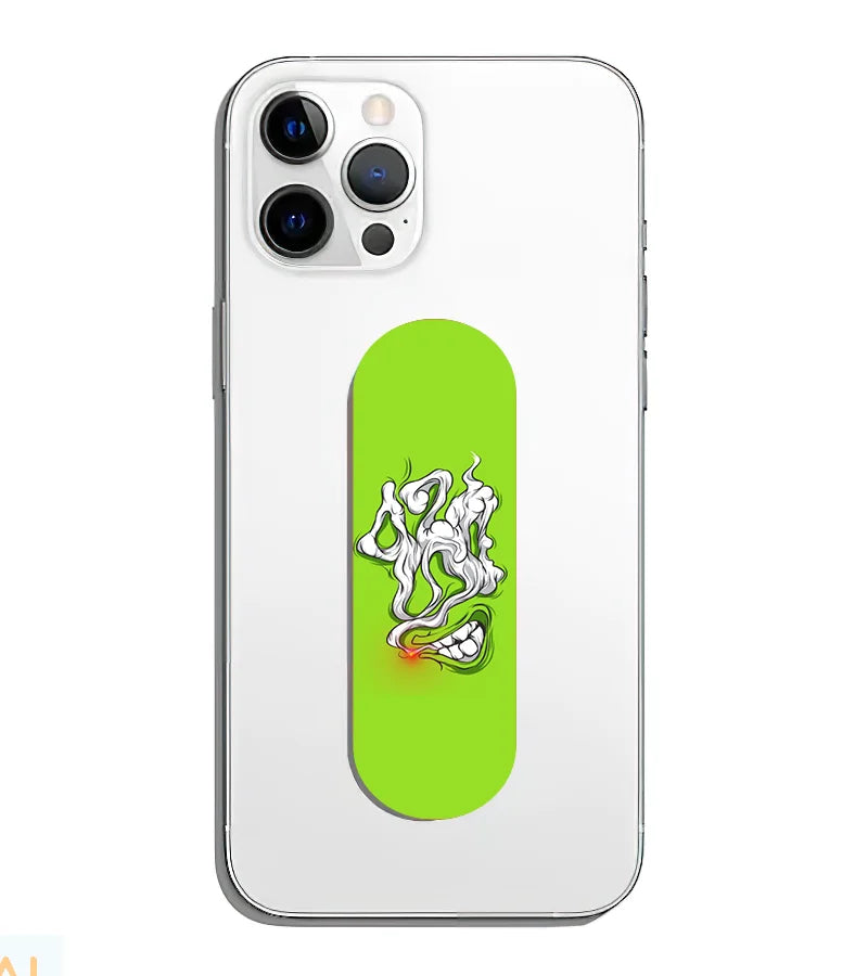A phone grip slider applied to the back of a smartphone.