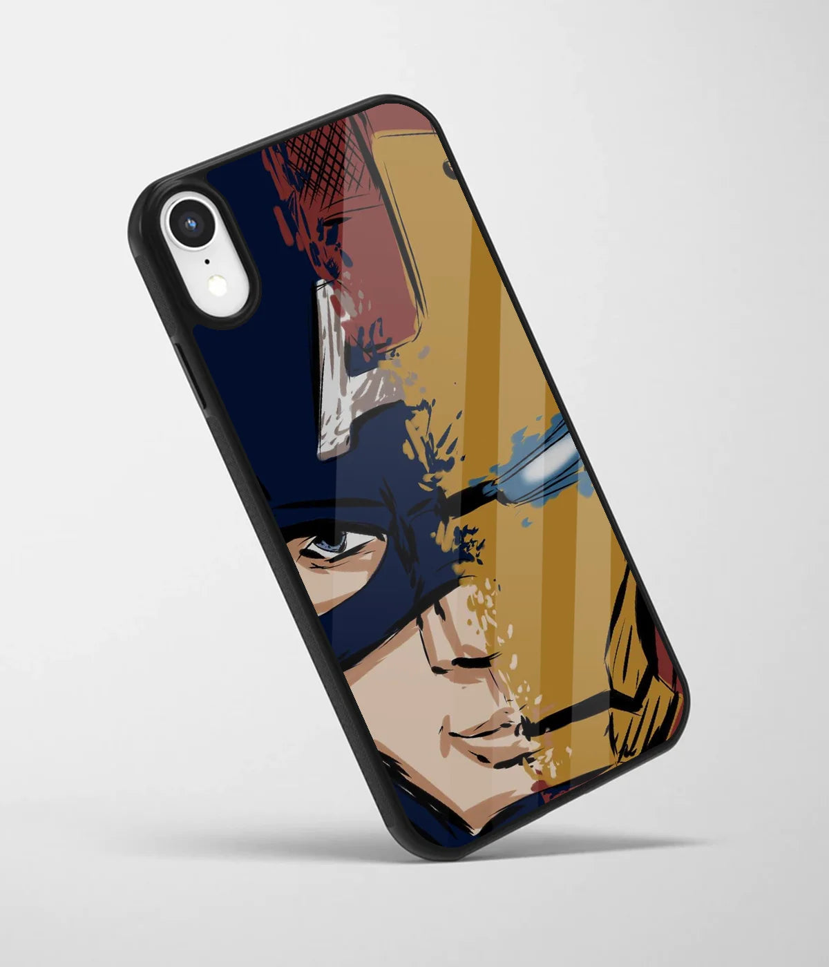 An angled view of a glass phone case featuring a vibrant design.