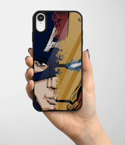A hand holding a glass phone case with a colorful design.