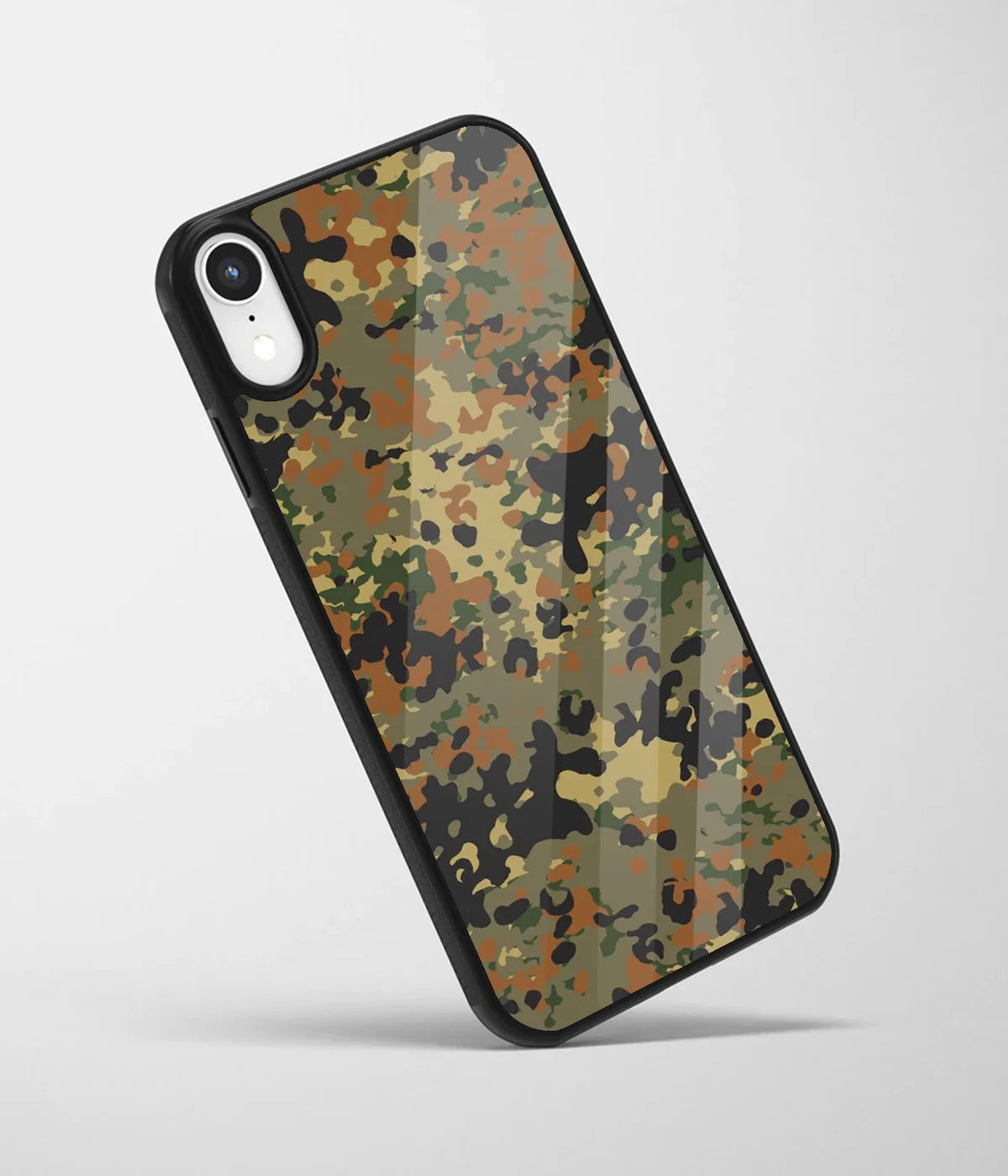 An angled view of a glass phone case featuring a vibrant design.