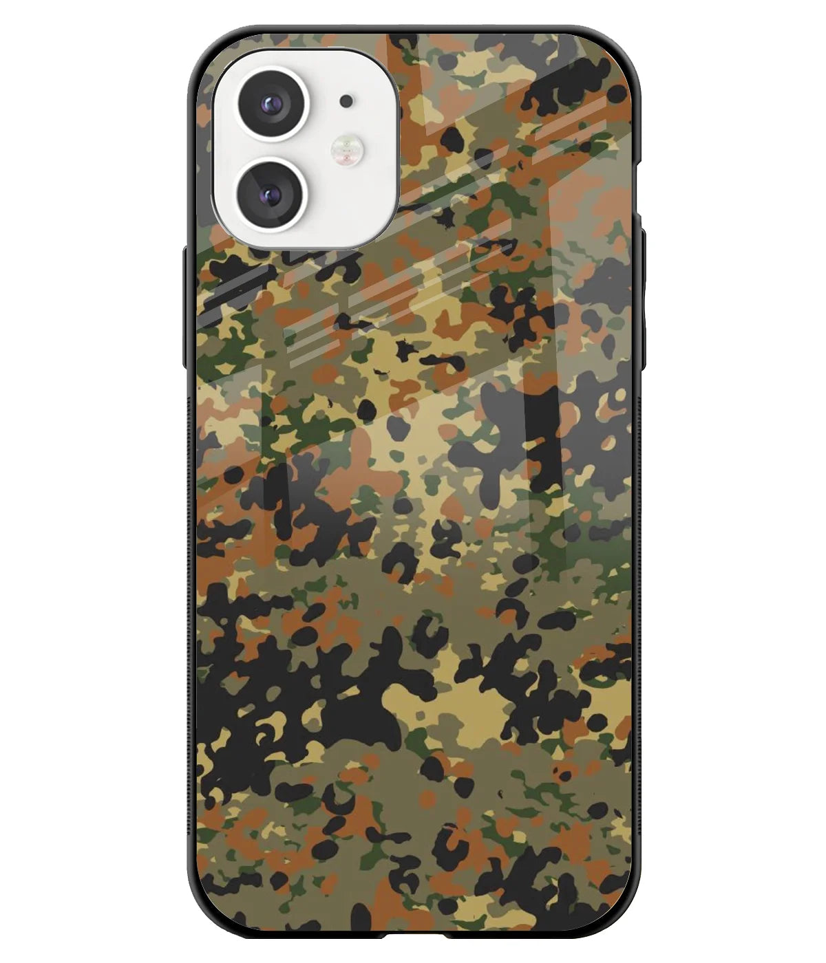 A front-on view of a glass phone case with a colorful design.