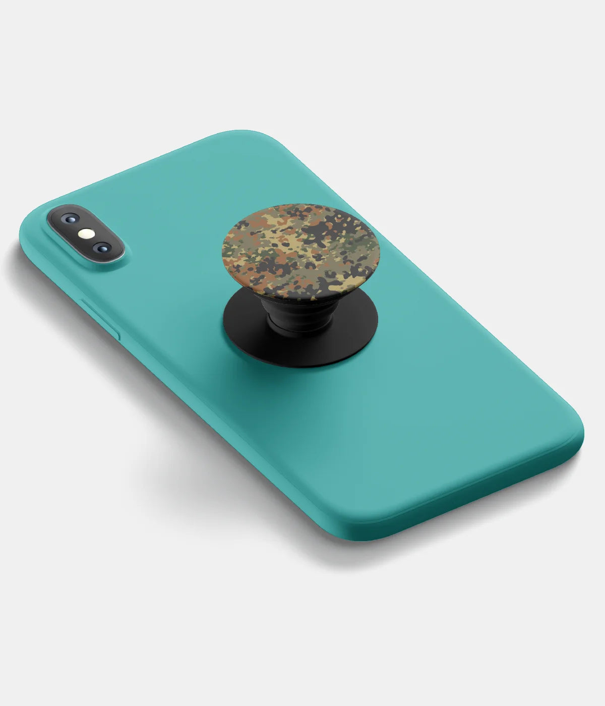 A top-down view of a phone grip holder attached to a mobile phone case on a white background