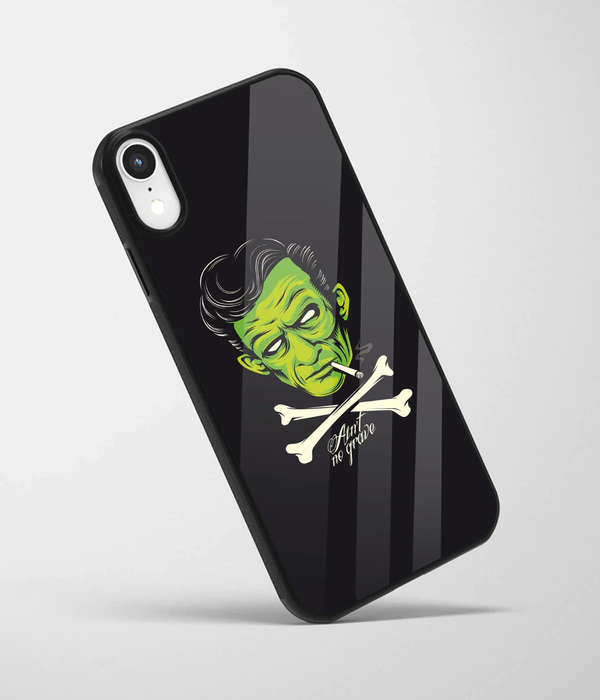 An angled view of a glass phone case featuring a vibrant design.