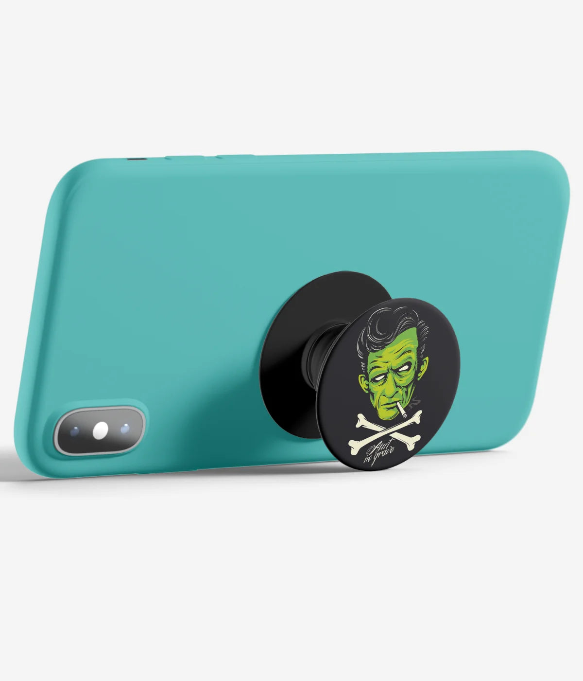 An image demonstrating how to use the phone grip as a stand to hold a mobile phone in landscape mode for hands-free viewing