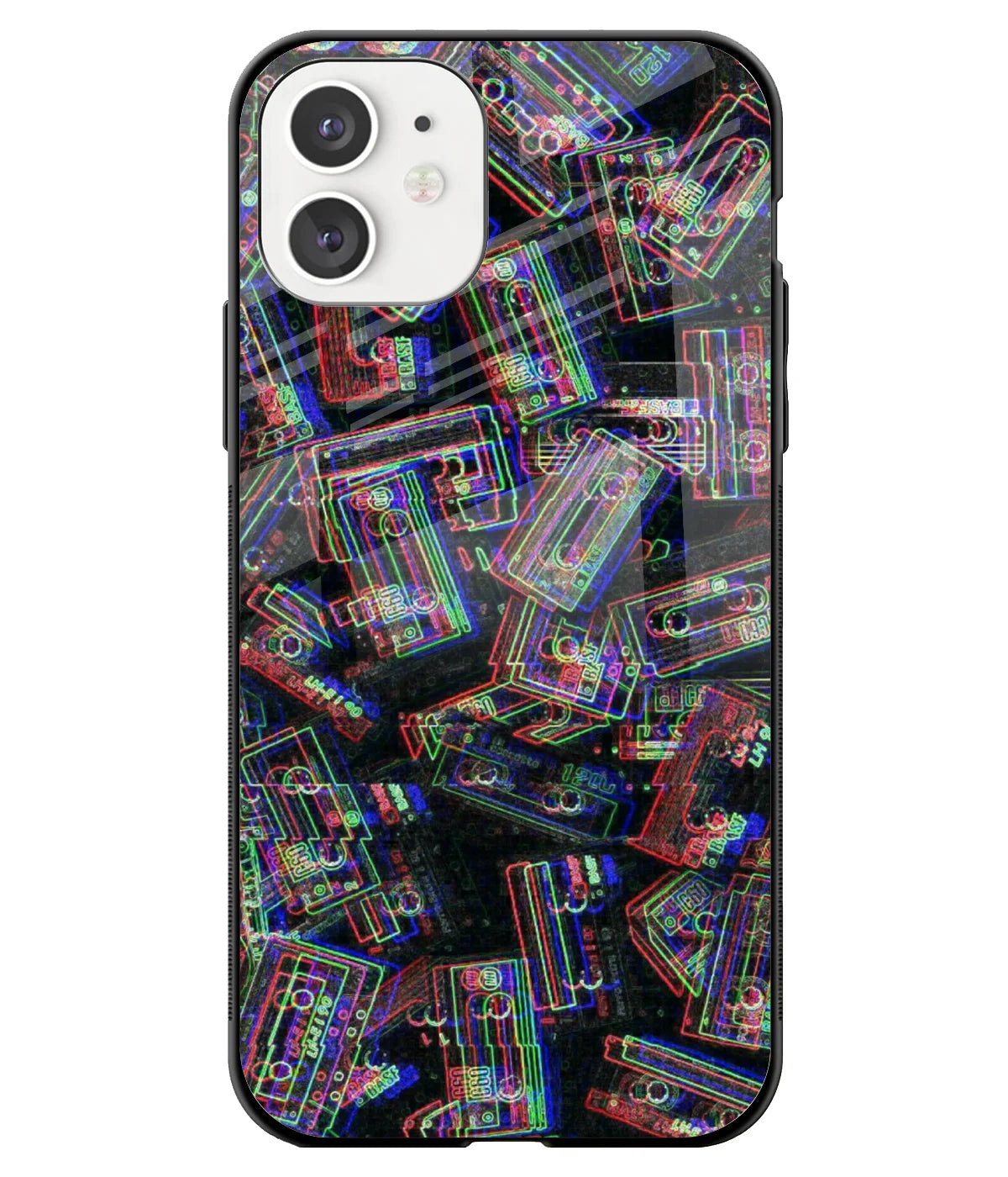 A front-on view of a glass phone case with a colorful design.