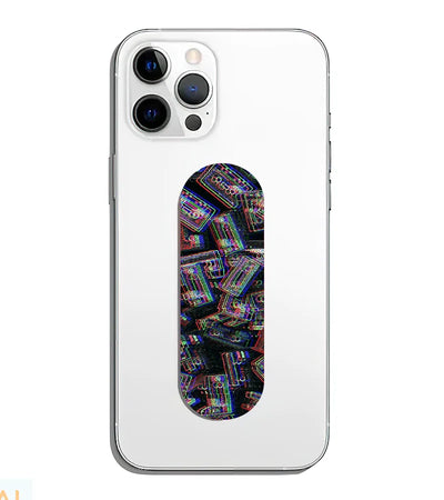 A phone grip slider applied to the back of a smartphone.