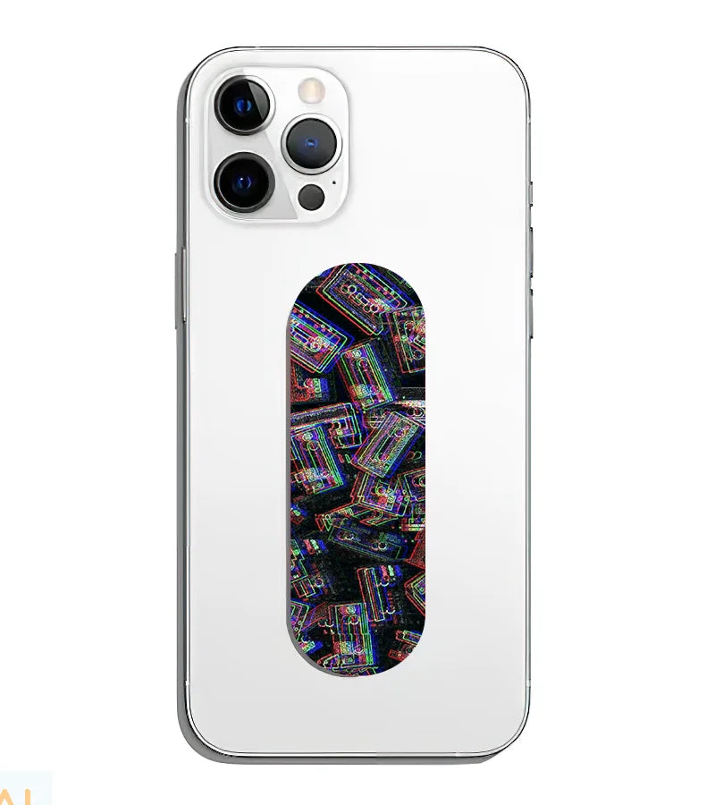 A phone grip slider applied to the back of a smartphone.