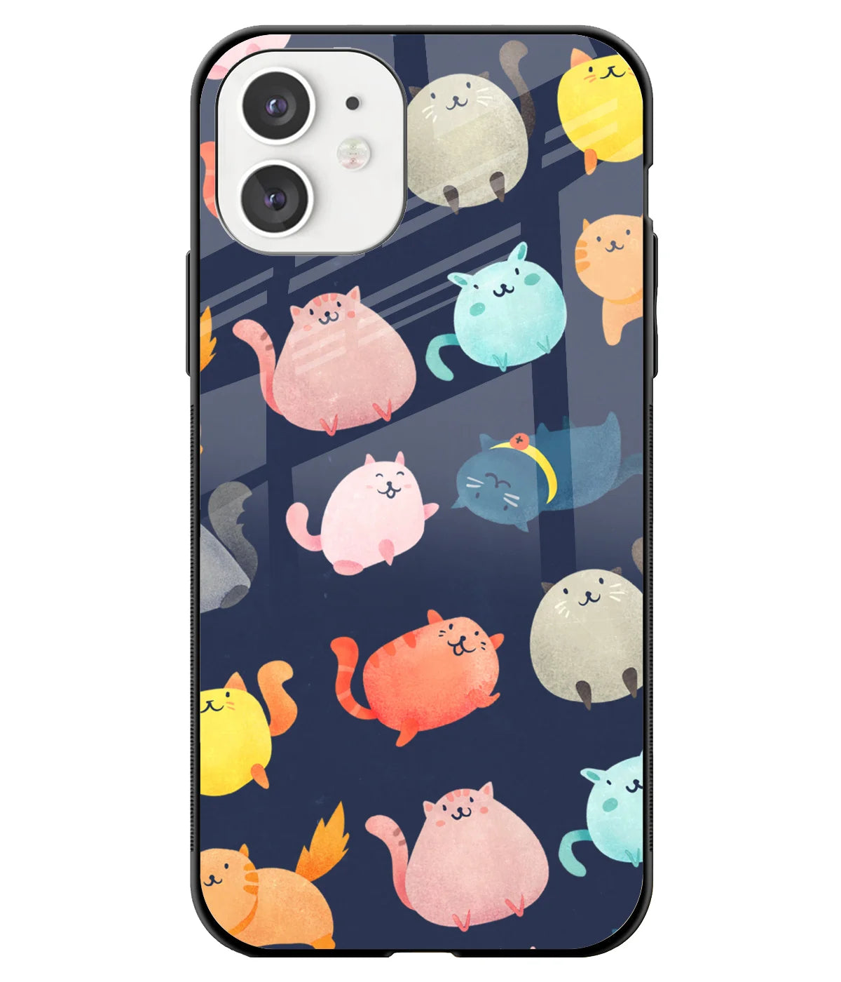 A front-on view of a glass phone case with a colorful design.