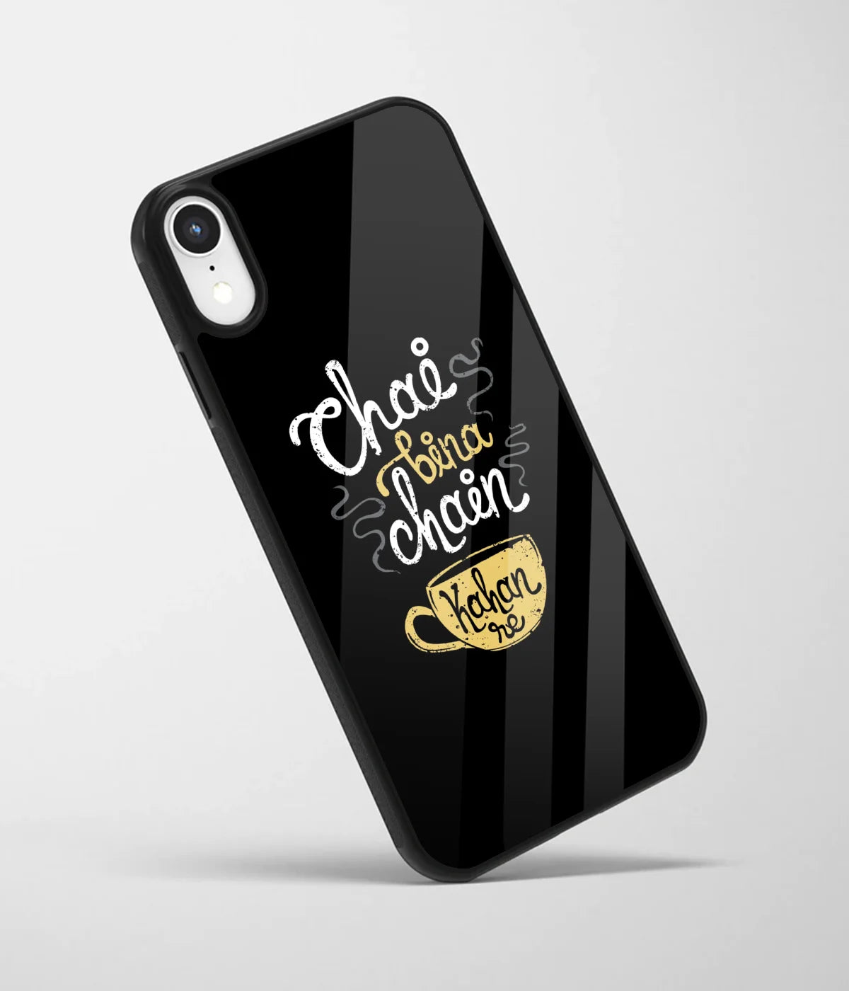 An angled view of a glass phone case featuring a vibrant design.