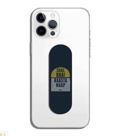 A phone grip slider applied to the back of a smartphone.