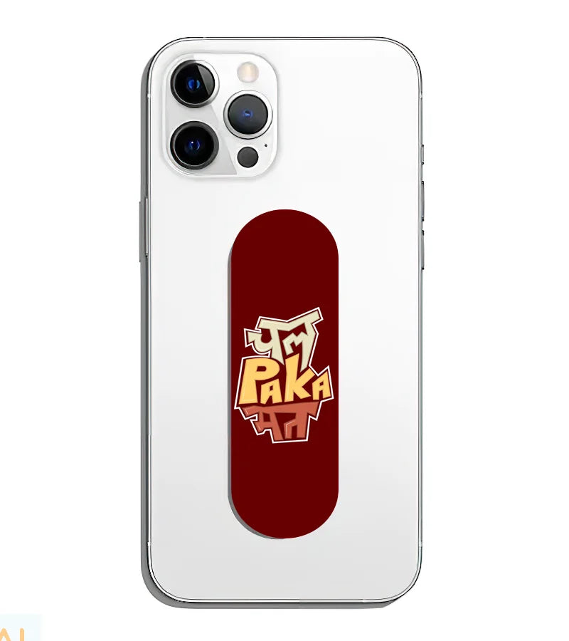 A phone grip slider applied to the back of a smartphone.