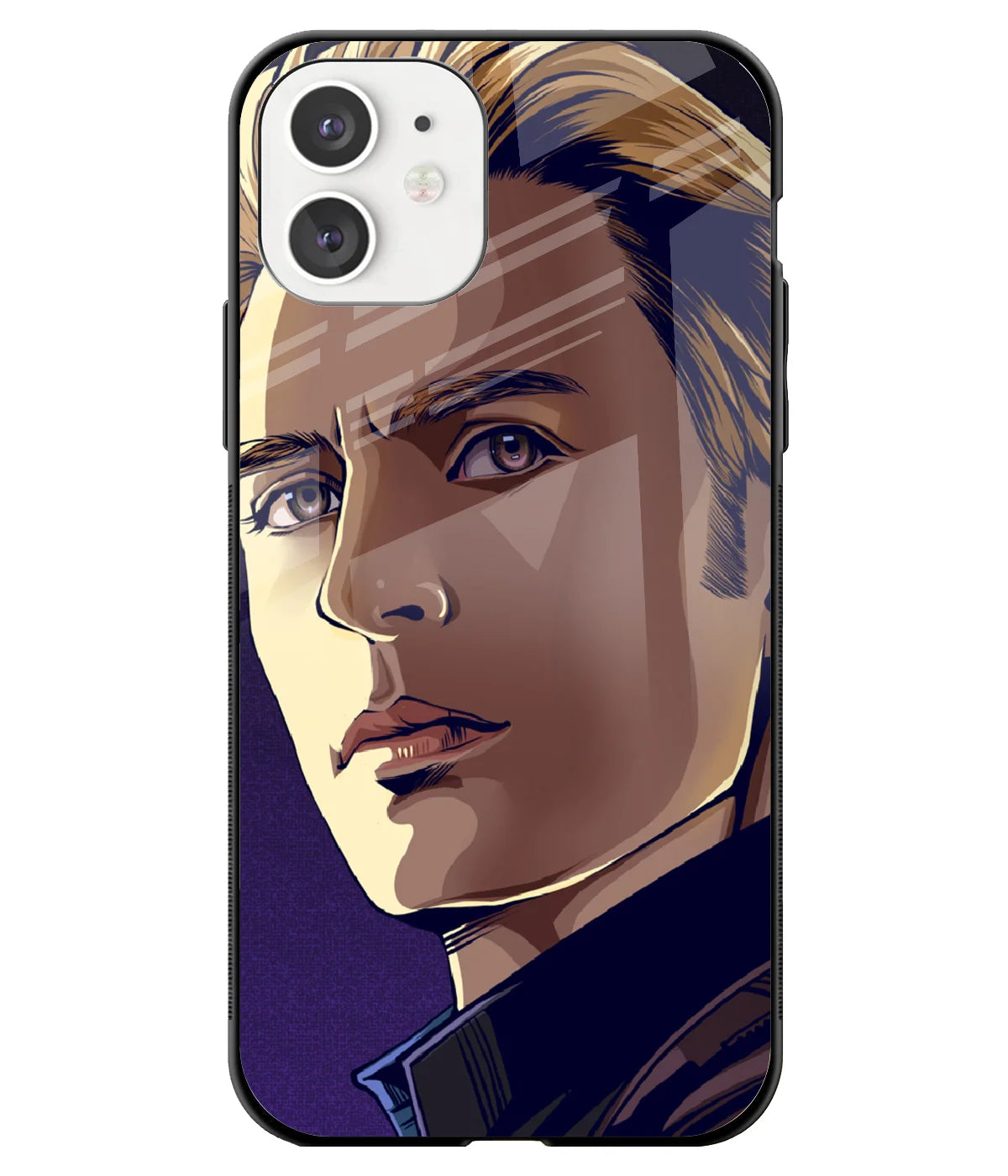 A front-on view of a glass phone case with a colorful design.