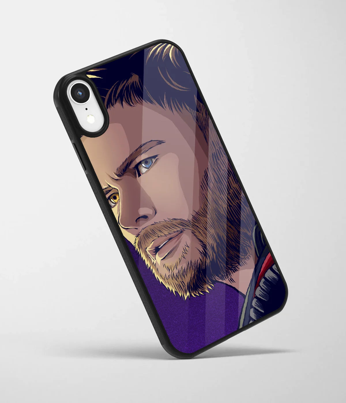 An angled view of a glass phone case featuring a vibrant design.