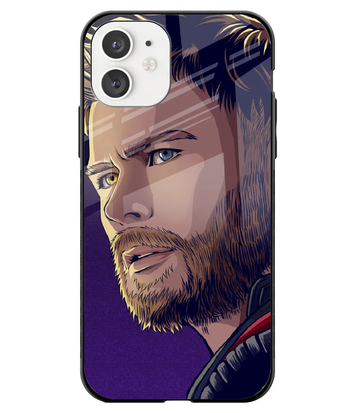 A front-on view of a glass phone case with a colorful design.