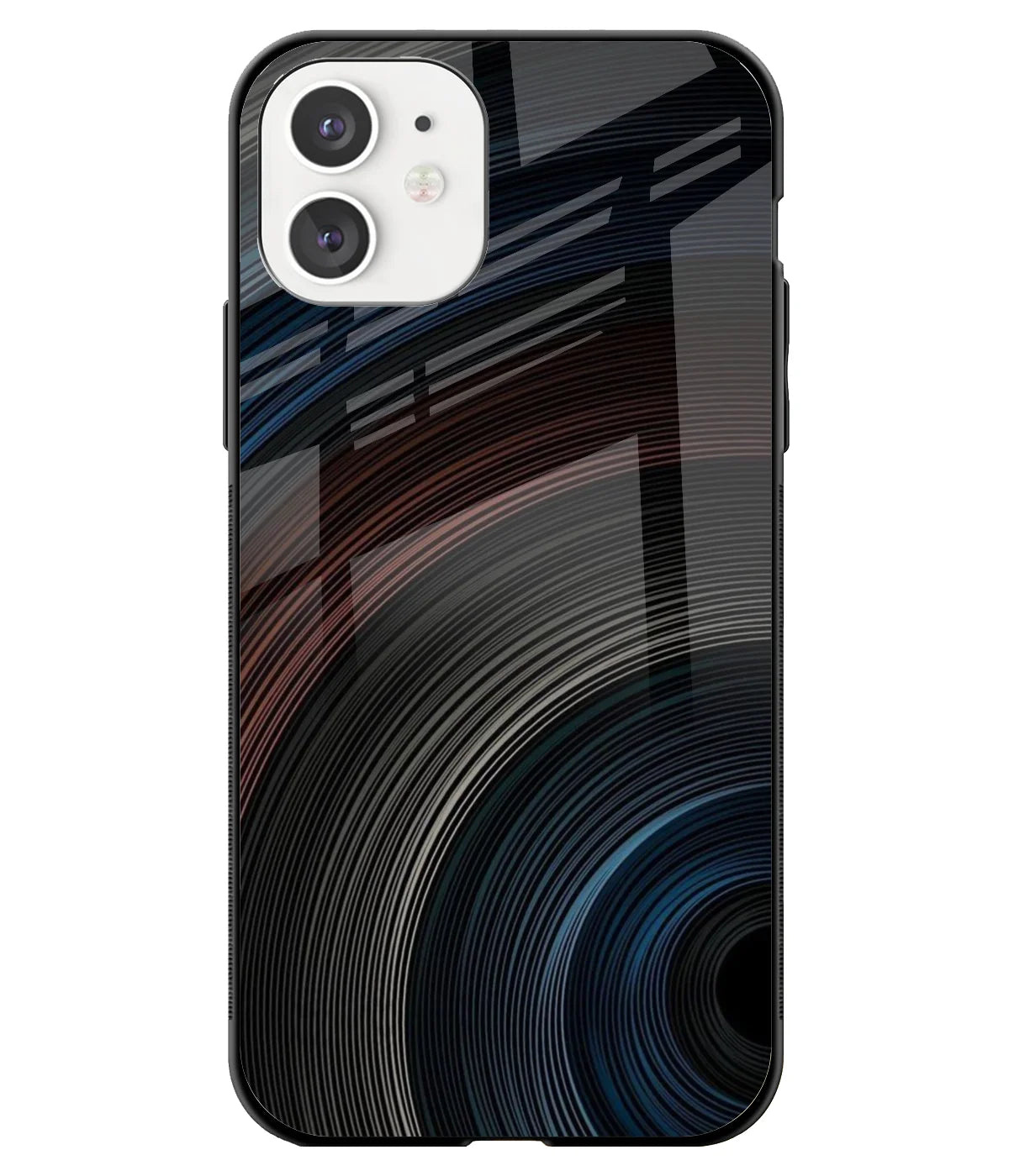 A front-on view of a glass phone case with a colorful design.