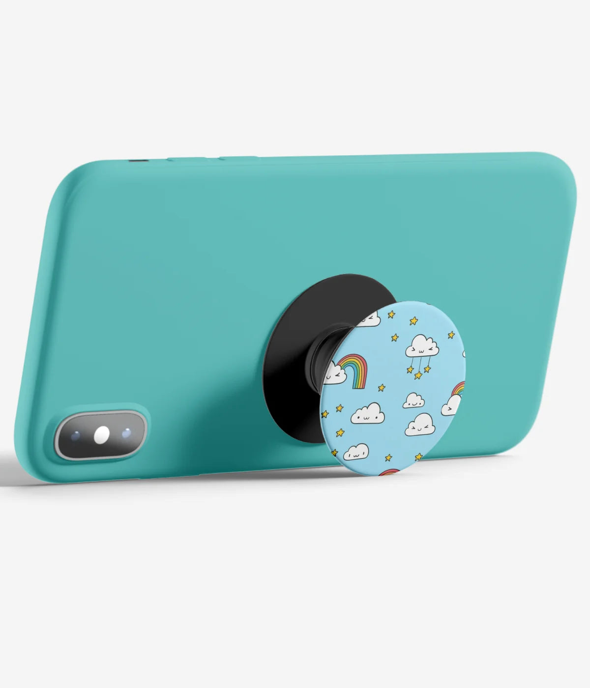 An image demonstrating how to use the phone grip as a stand to hold a mobile phone in landscape mode for hands-free viewing