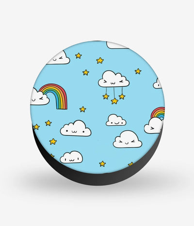 Mobile phone grip with a colorful design on a white background