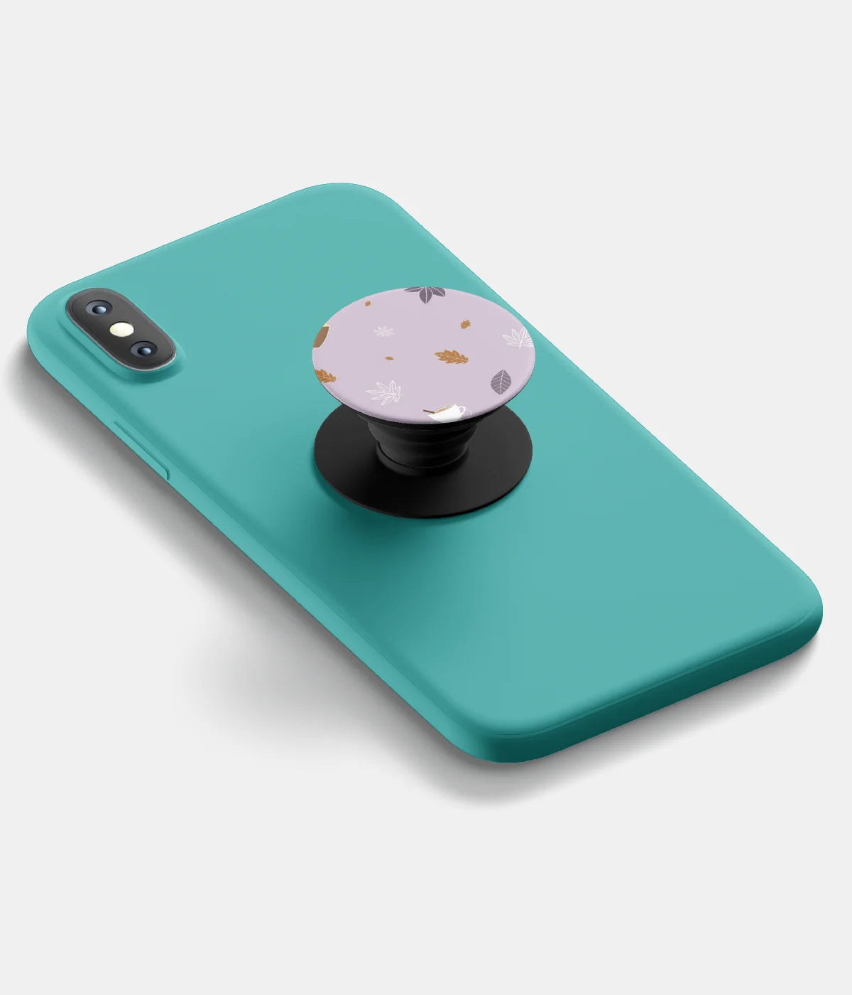 A top-down view of a phone grip holder attached to a mobile phone case on a white background