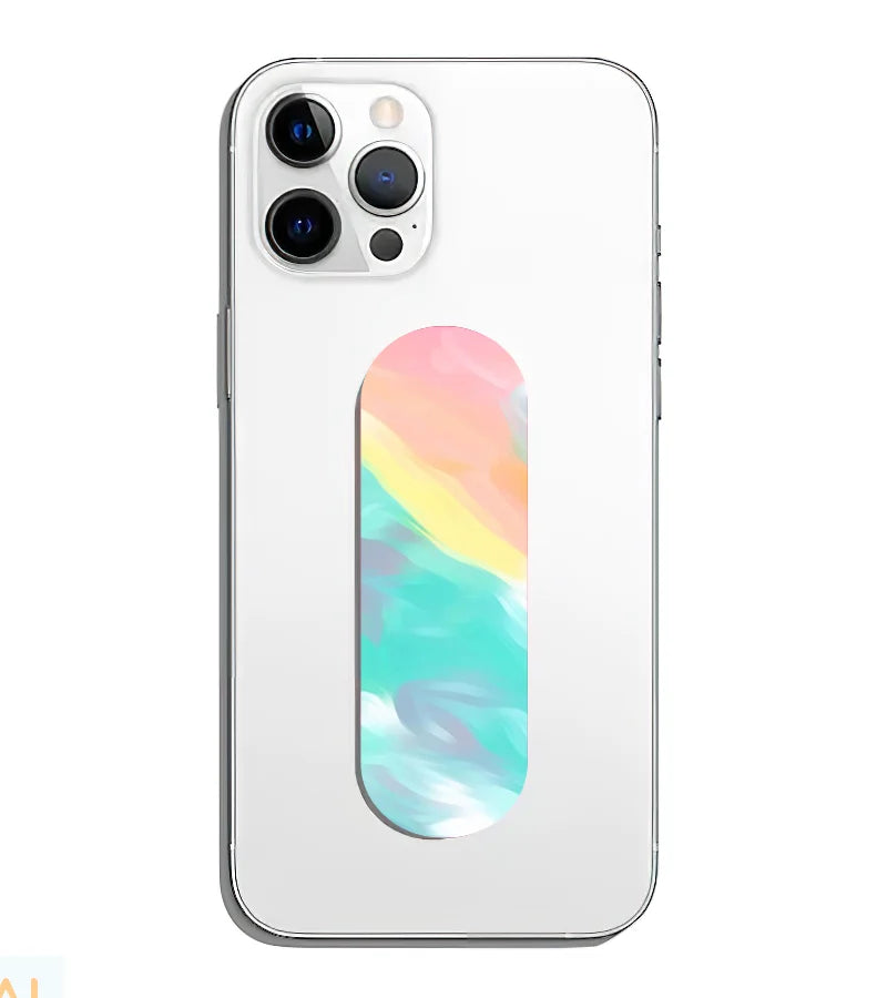 A phone grip slider applied to the back of a smartphone.