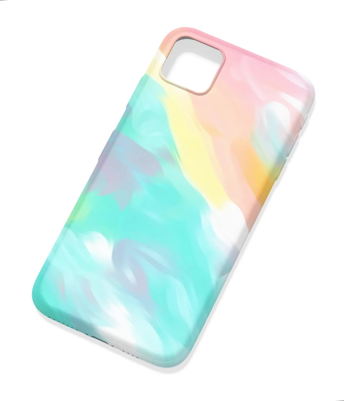 An angled view of a soft silicone case featuring a colorful design.