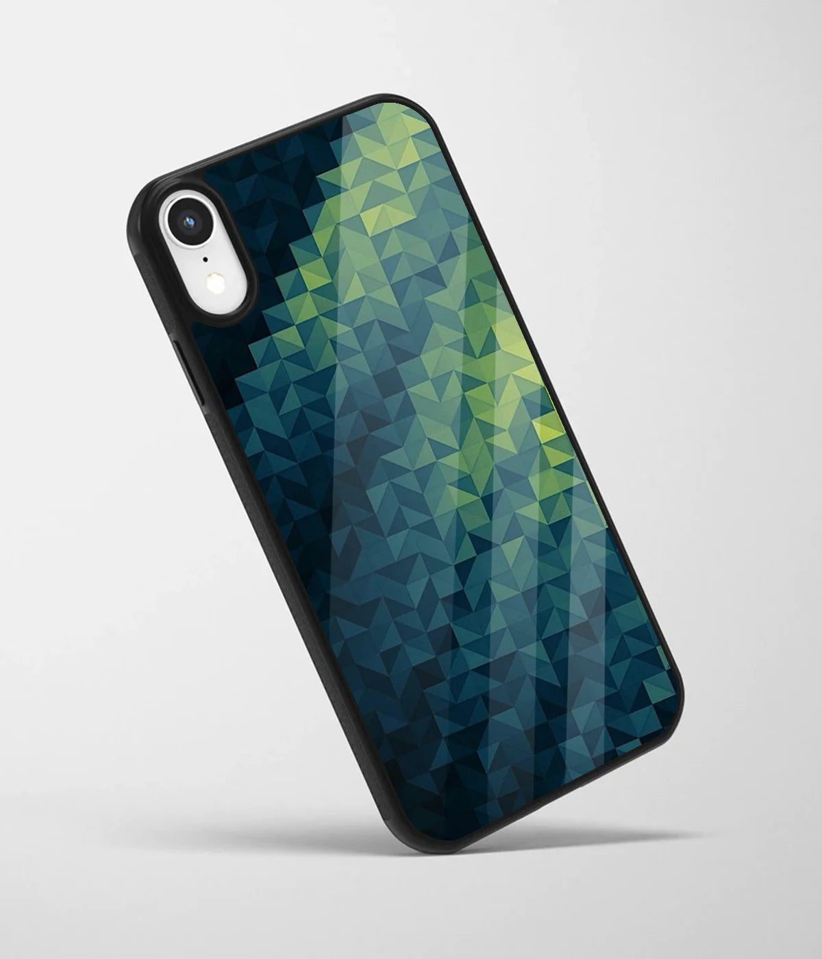 An angled view of a glass phone case featuring a vibrant design.