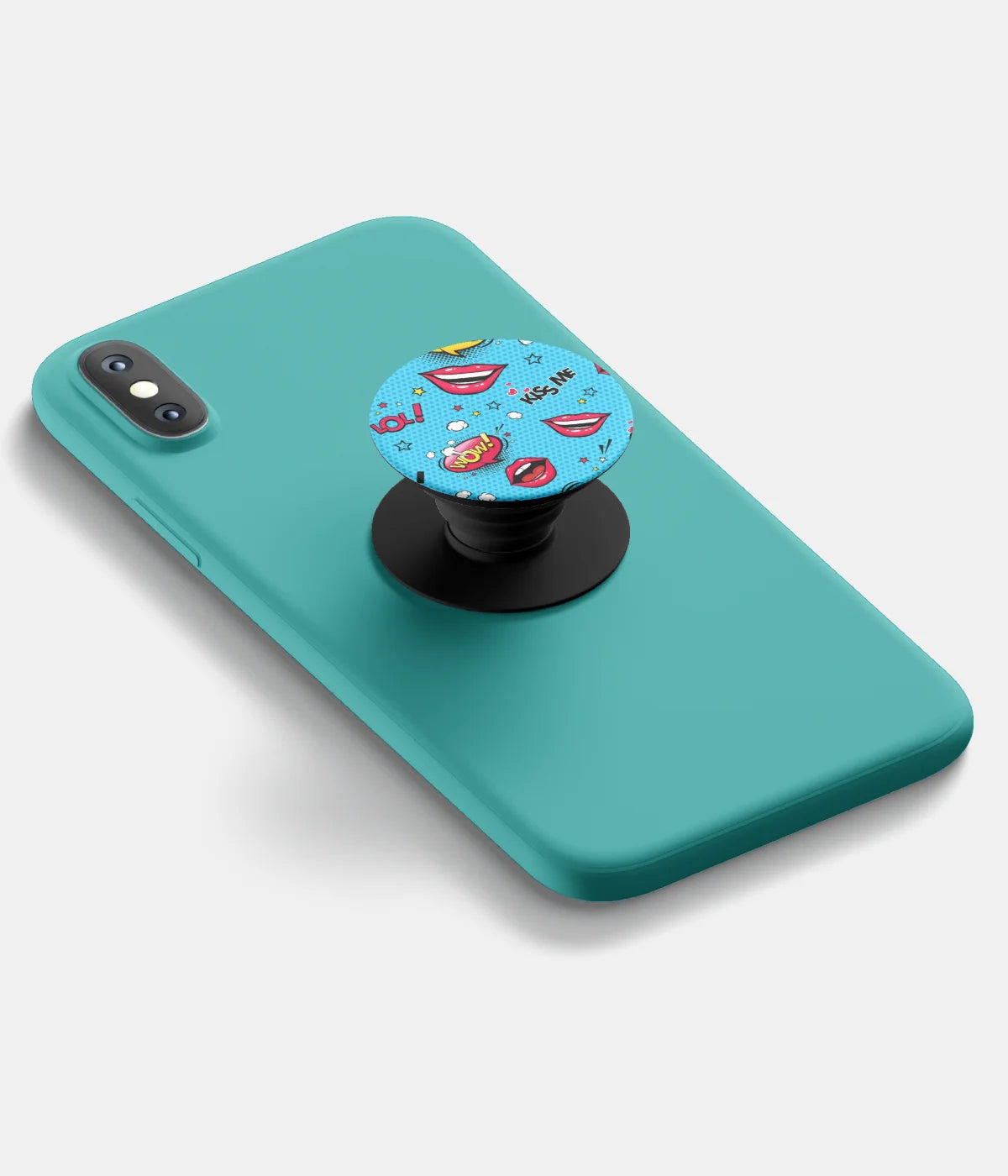 A top-down view of a phone grip holder attached to a mobile phone case on a white background