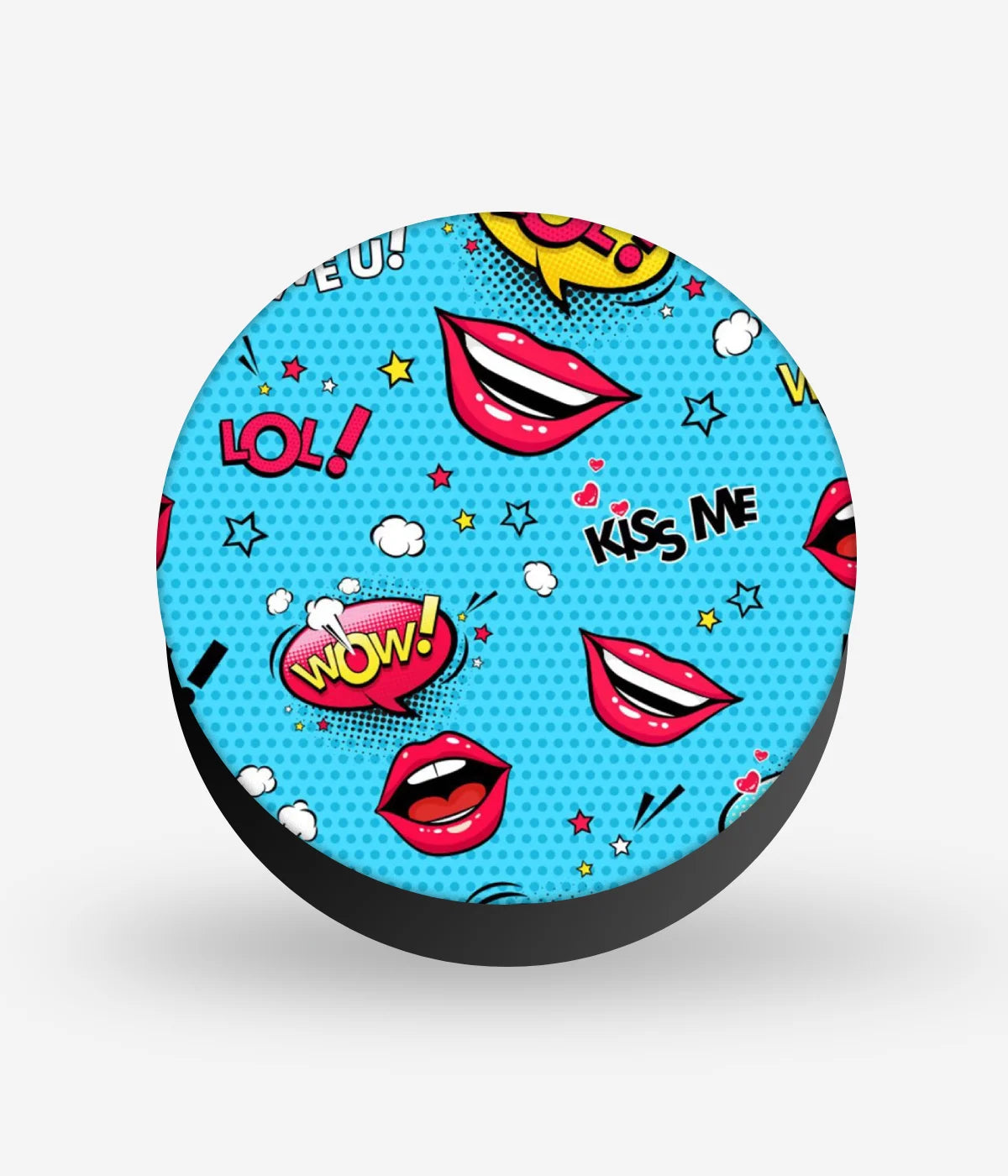 Mobile phone grip with a colorful design on a white background