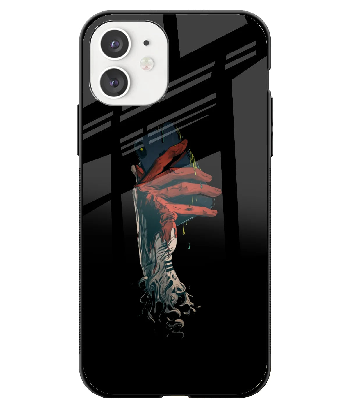 A front-on view of a glass phone case with a colorful design.
