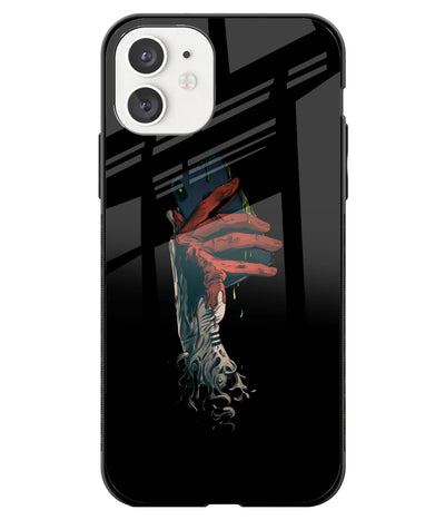 A front-on view of a glass phone case with a colorful design.