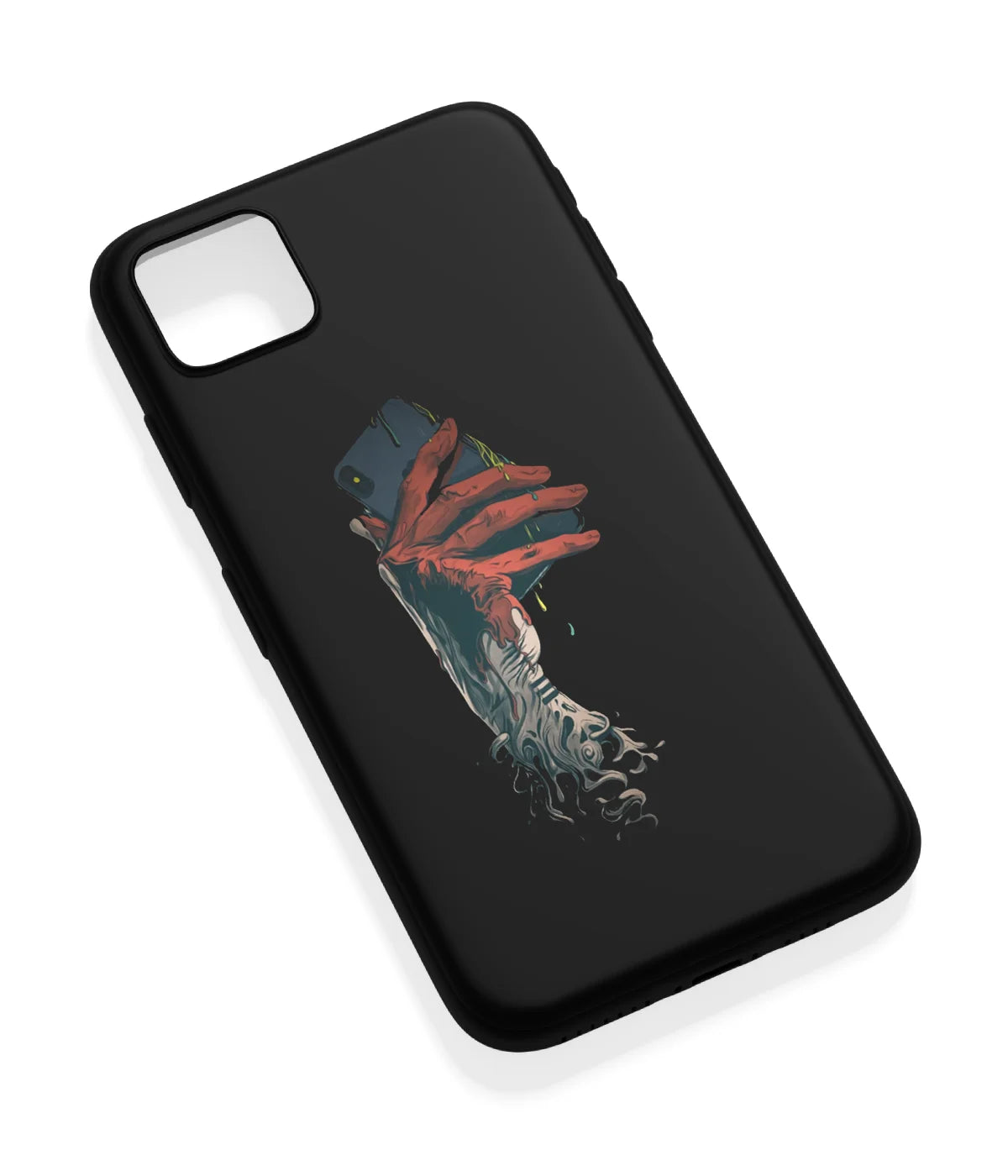 An angled view of a soft silicone case featuring a vibrant design.