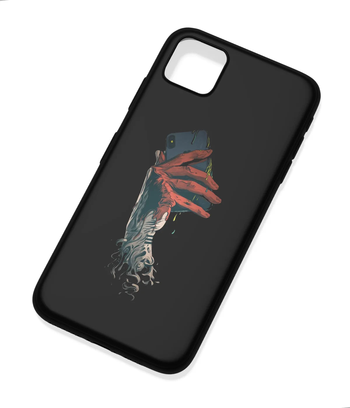 An angled view of a soft silicone case featuring a colorful design.