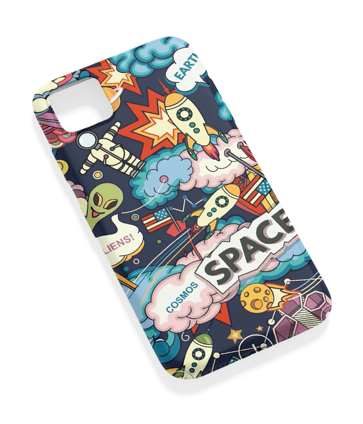 An angled view of a soft silicone case featuring a vibrant design.