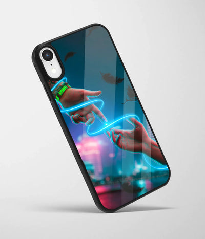 An angled view of a glass phone case featuring a vibrant design.