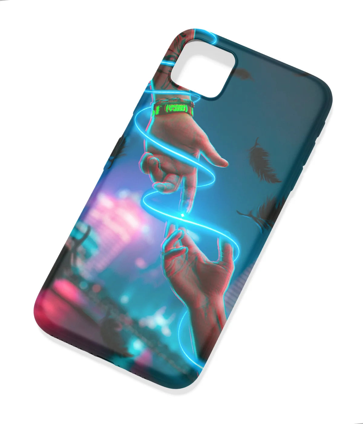 An angled view of a soft silicone case featuring a colorful design.