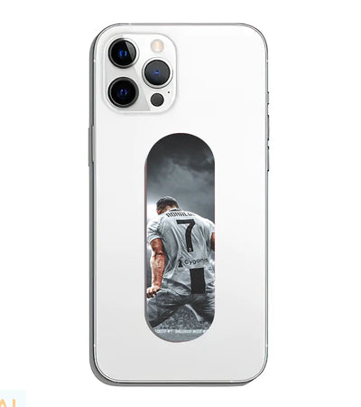 A phone grip slider applied to the back of a smartphone.