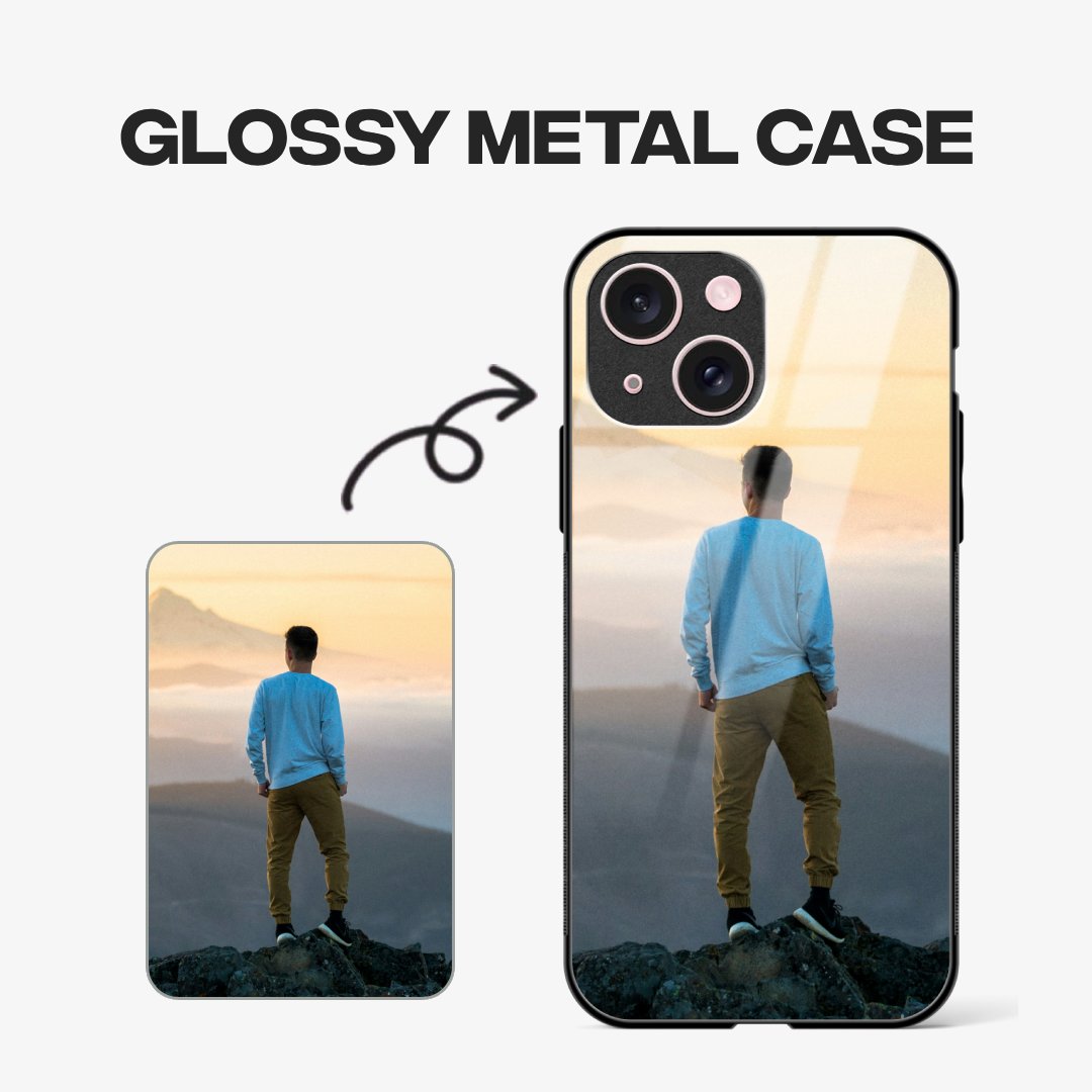 Banner for Custom Glossy Metal Phone Cases illustrating the personalization process where users upload a photo to create a premium printed glossy metal phone cover.